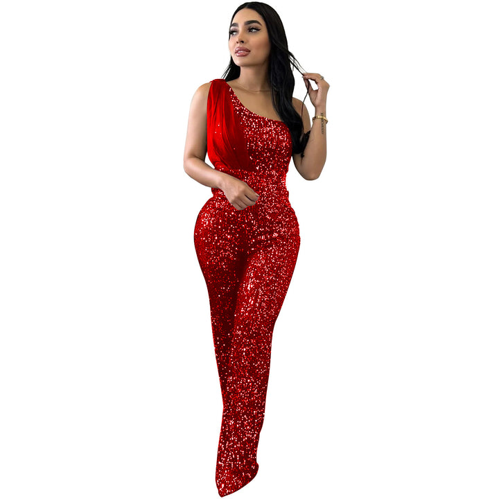 Dame Elegant Paillet-Jumpsuit med asymmetrisk udskæring og figursyet pasform Stilla