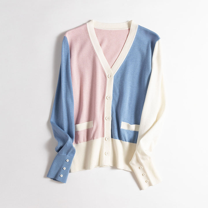 Femme Farveblok V-Audskæring Cardigan Pullover Stilla