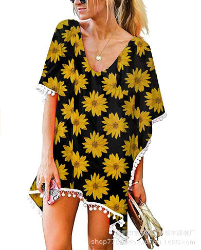 Kvinders strandtunika med blomsterdesign og poncho-stil Stilla