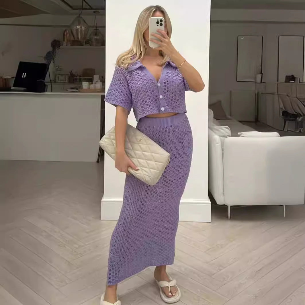 Dame Lækkert Strik Sæt med elegant Crop-Top og Maxiskørt Stilla