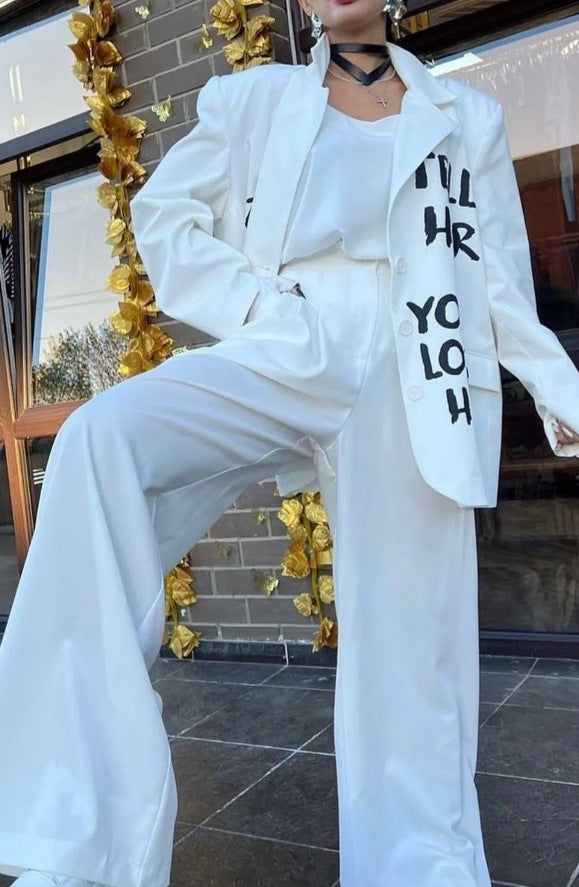Dame Oversized Blazer med urban graffiti-tryk og brede bukser Stilla