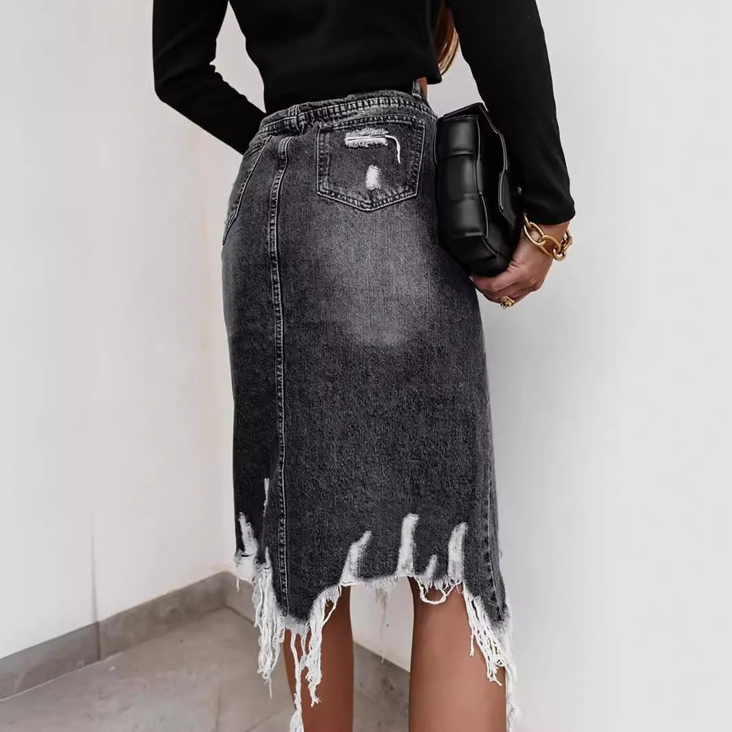 Dame Midi-Denimnederdel med fremragende destroyed-detaljer og moderigtigt slids Stilla