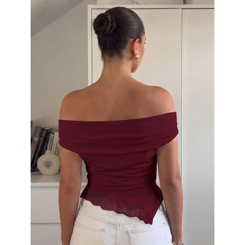 Damen Off-Shoulder Oberteil mit filigranem Spitzendetail und lässigem Schnitt Skovae