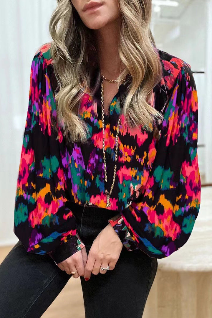 Dame elegant bluse med farverigt mønster og løse ærmer Stilla
