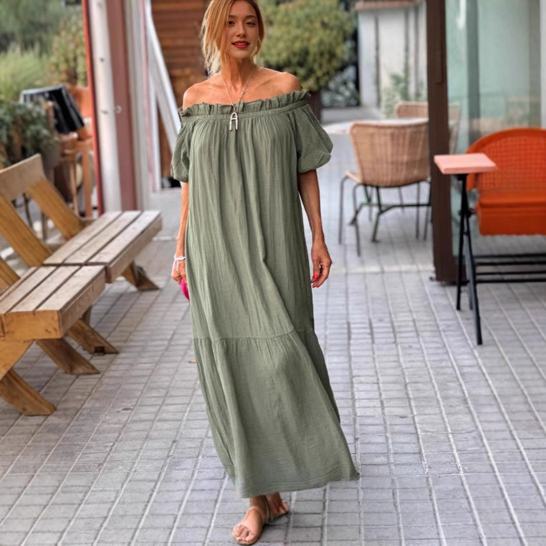 Dame Off-Shoulder Maxikjole med voluminøse pufærmer og flæser Stilla