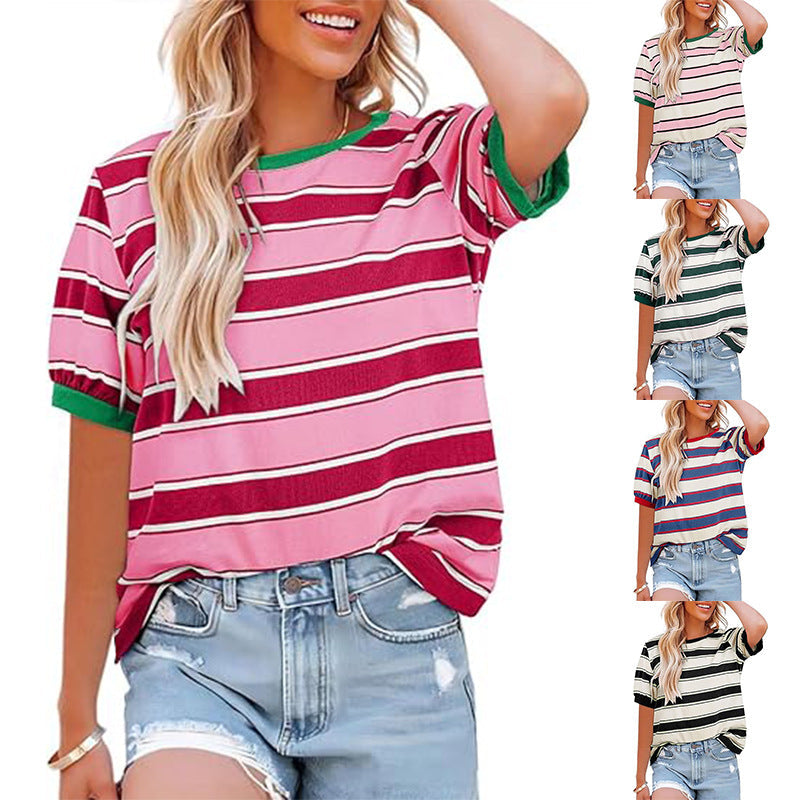 Dame Lækkert Stribet T-Shirt med Korte Ærmer og Rund Halsudskæring Stilla