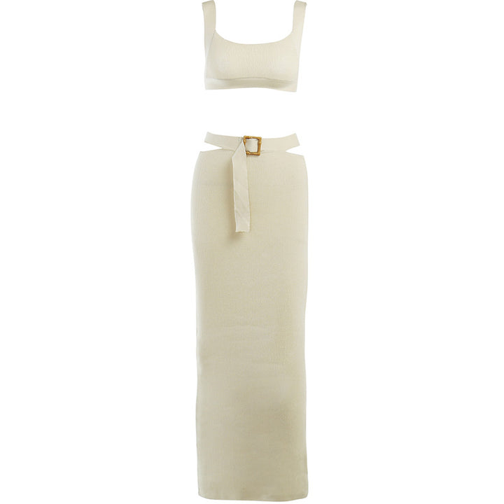 Dame Ribbestrik Two-Piece Sæt med Belte og Crop-Top Stilla