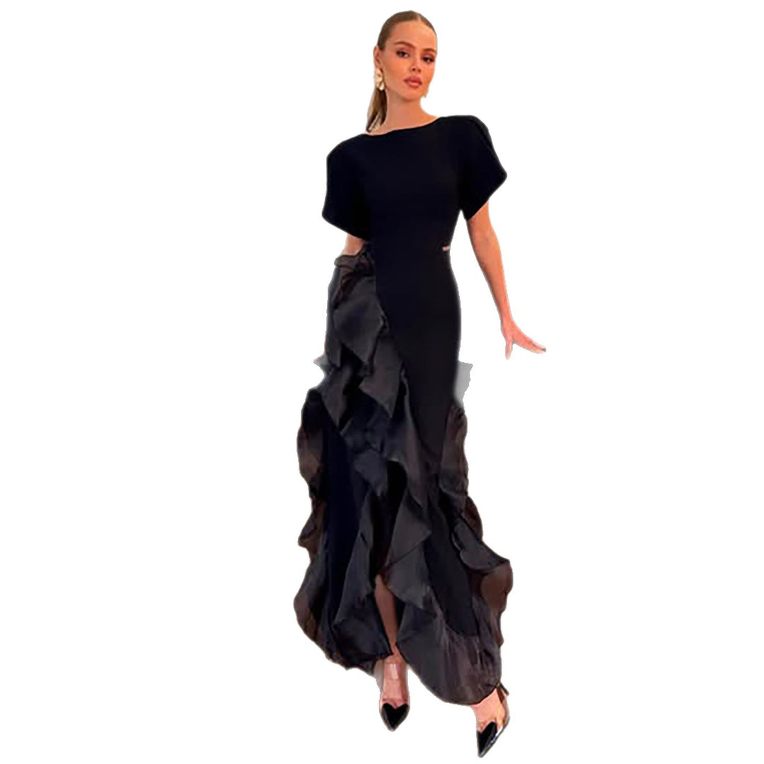 Kvindernes elegante maxi kjole med flydende volanger og glitrende overmateriale Skovae