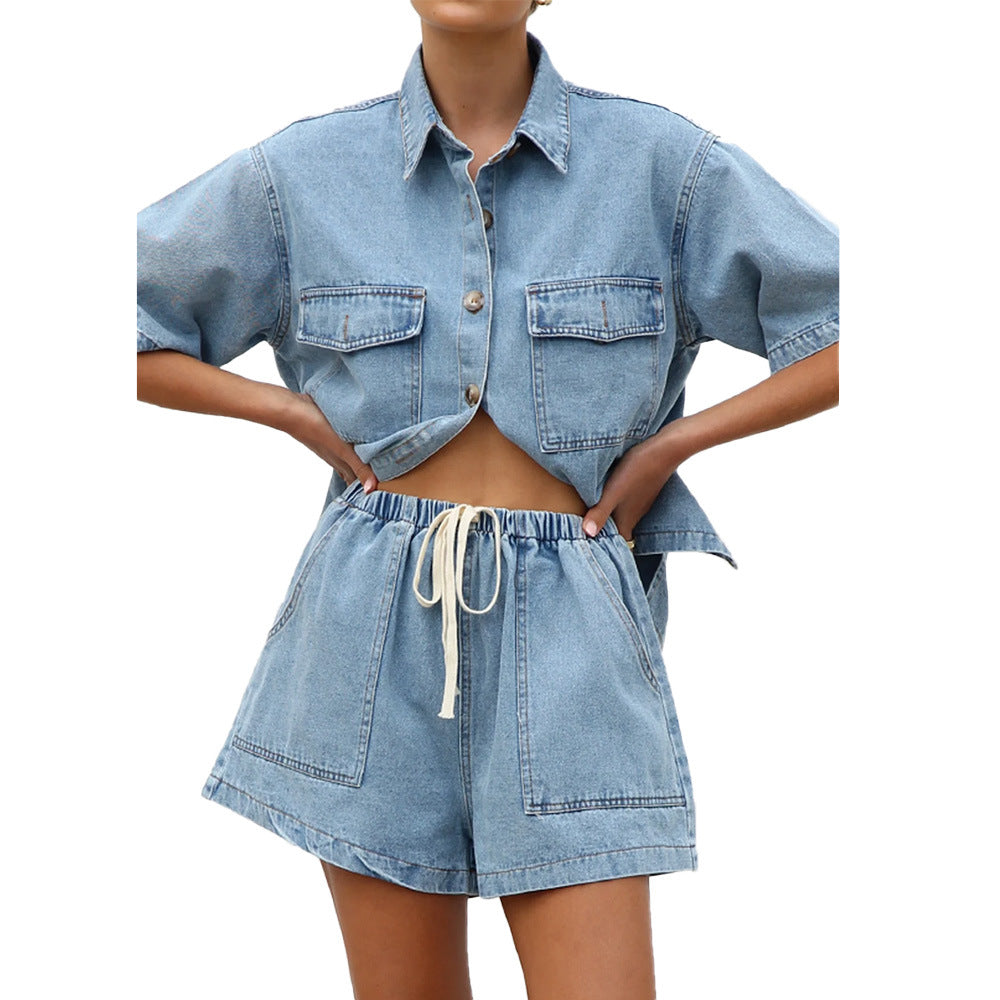 Stilla | Casual Taske-Korteærmet-Shirt Shorts Denim Sæt