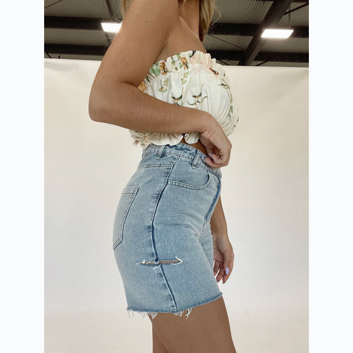 Dame Bustier-top med flæsedetaljer og blomsterdesign Stilla