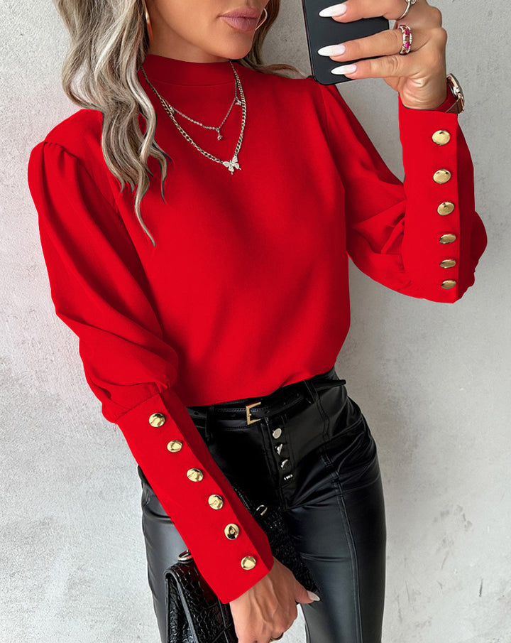 Damer Elegant Bluse med quiltet ståkrave og gyldne knapper Stilla