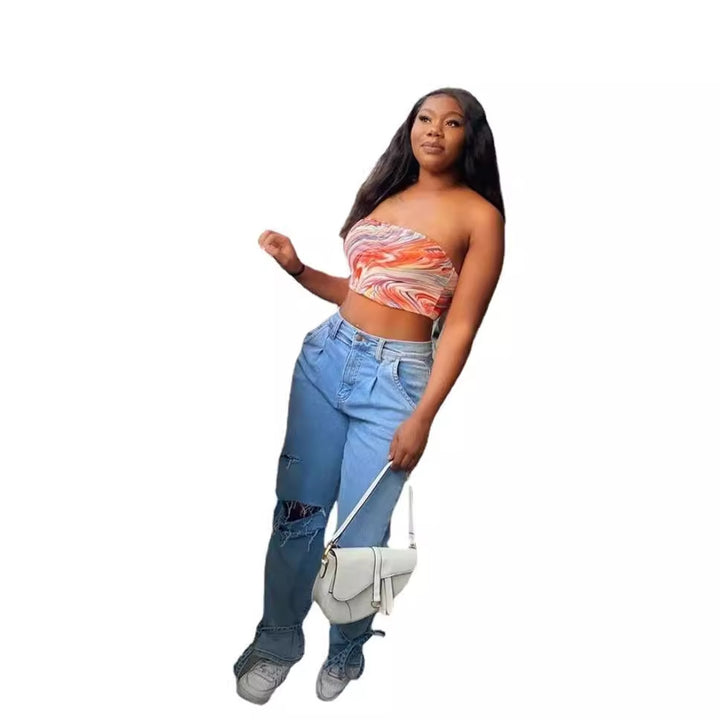 Casual dames mom jeans med trendy beskadiget udseende Skovae