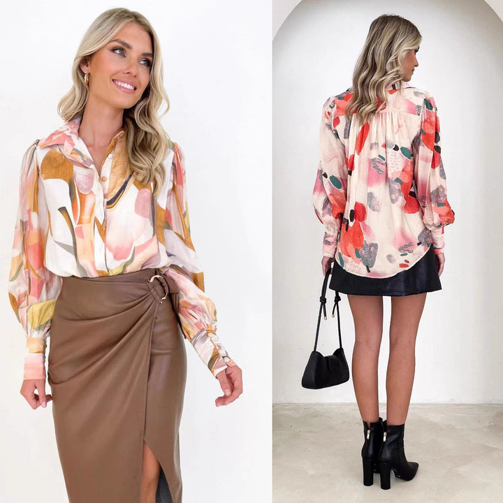 Damer Stilfuld Bluse med iøjnefaldende Floral-Design og elegante Puffærmer Stilla