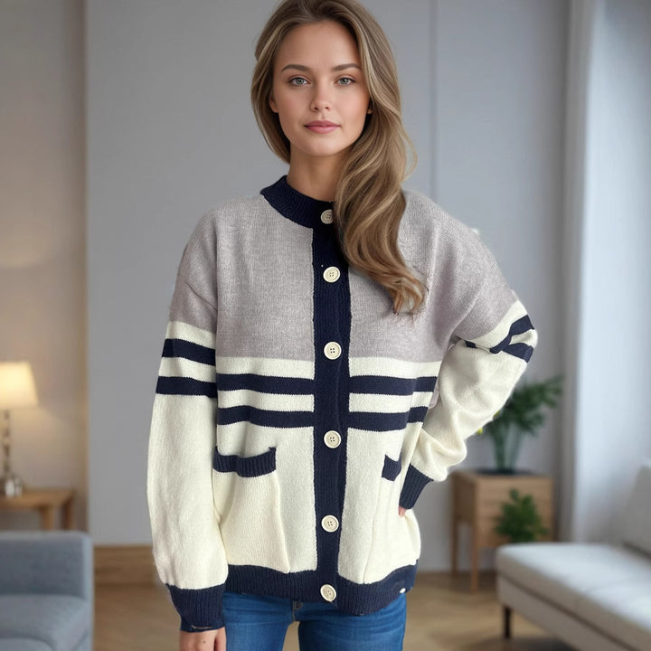 Kvinders cardigan med dekorative striber og store knapdetaljer Stilla