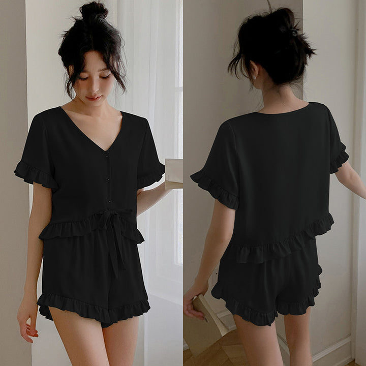 Dame Pyjama-sæt med voluminøst flæse design og elegant bælte Stilla