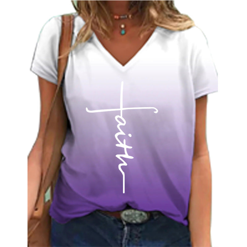 Dame V-hals T-shirt med moderne farveforløb og inspirerende tekst Stilla