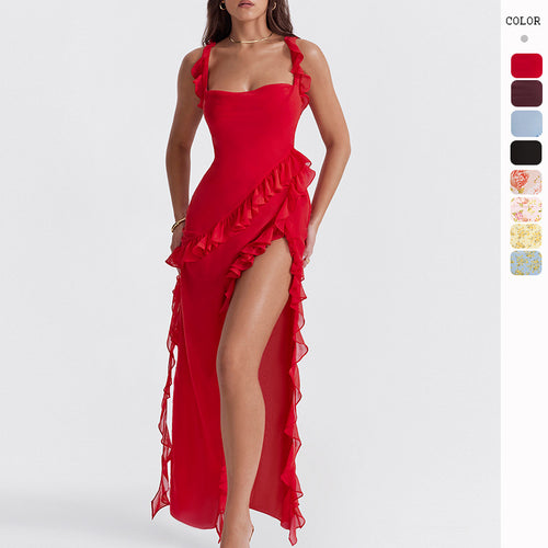 Kvindernes elegante asymmetrisk kjole med ruffle detaljer og blomster mønster Stilla