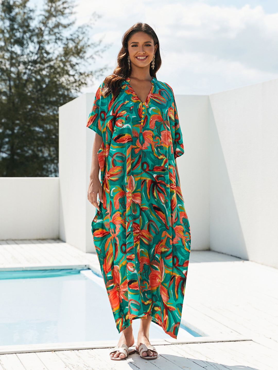 Dame Kaftan med floraltryk og fine detaljer Stilla