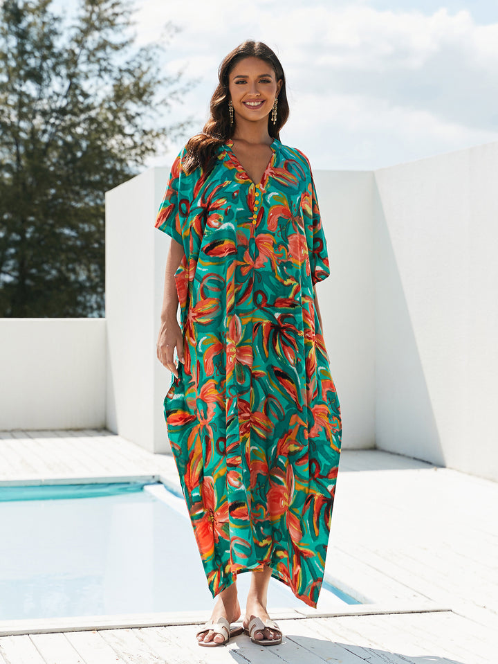 Dame Kaftan med floraltryk og fine detaljer Stilla