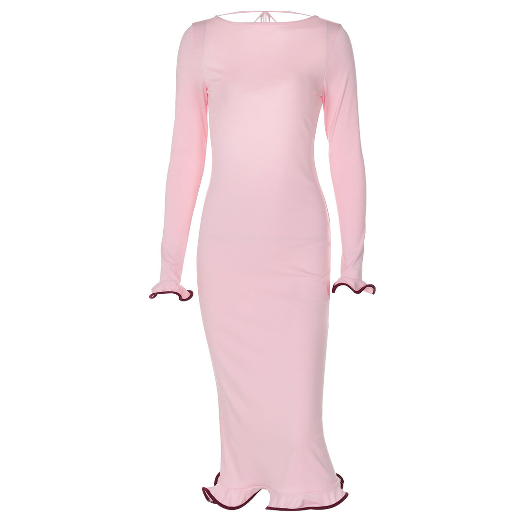 Dame Elegant Langærmet Kjole med Flæsedetaljer Stilla