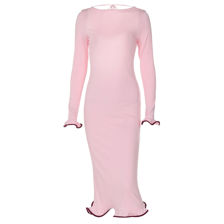 Dame Elegant Langærmet Kjole med Flæsedetaljer Stilla