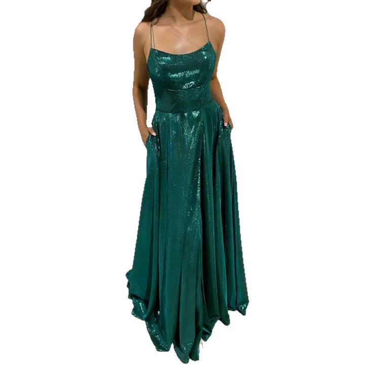 Dame glamour aften kjole med glitrende satin og udvidet nederdel