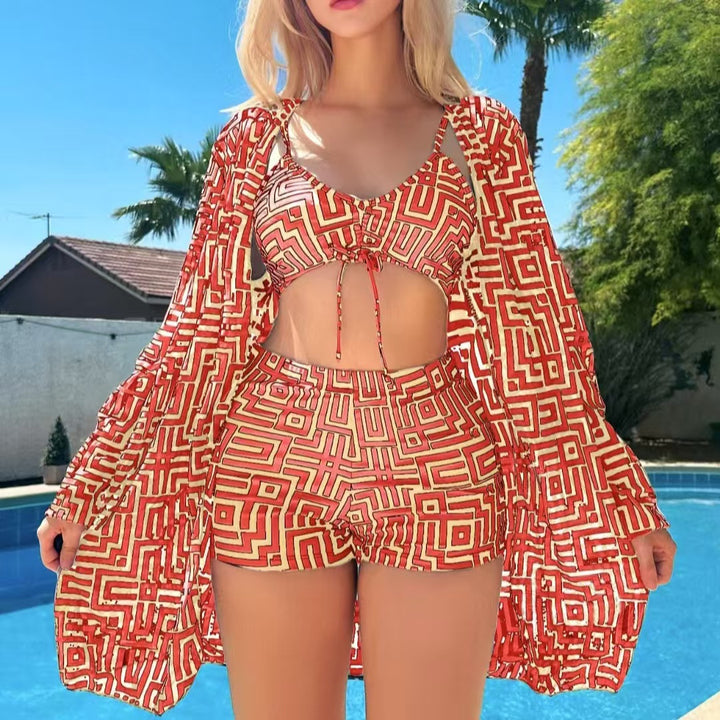 Dame modische Bikini-Sæt med geometriske mønstre og gennemsigtig strandjakke Skovae