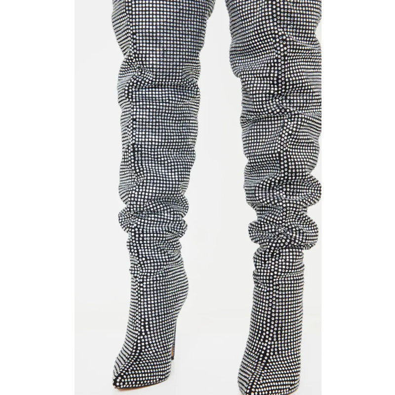 Dame Slouchy Over-knæ Stiletto Støvler med Strass-applikationer Stilla