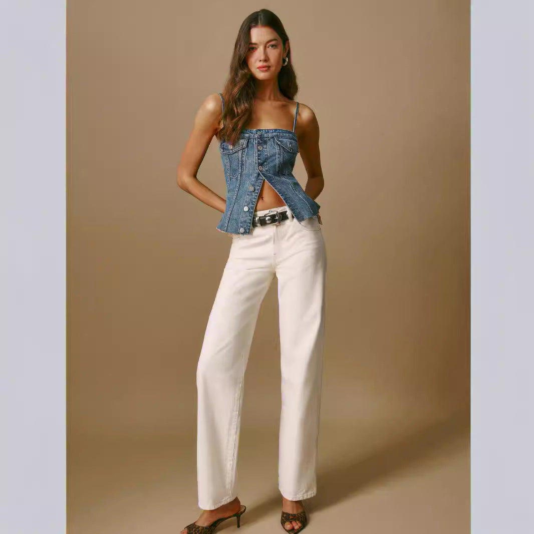 Femme Struktureret Denim Korset Top Stilla