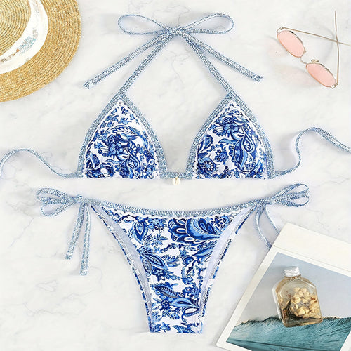Dame triangel-bikini-sæt med raffinerede bindebånd og blomstermønster Skovae