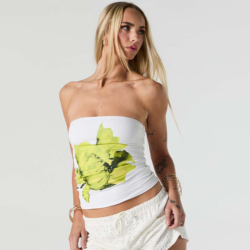 Dame Bandeau-top med blomstret design og elastisk stof Skovae