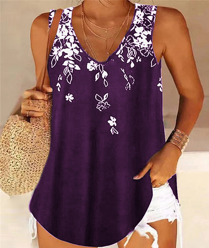 Dame V-hals Blomstertryk Casual Tanktop Stilla