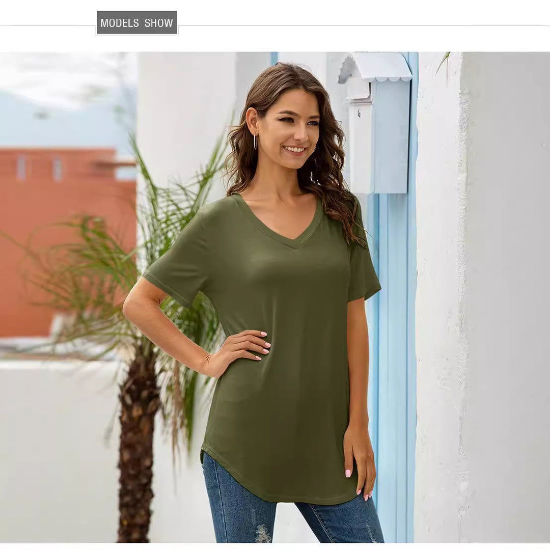 Dame V-hals T-shirt med asymmetrisk kant Stilla