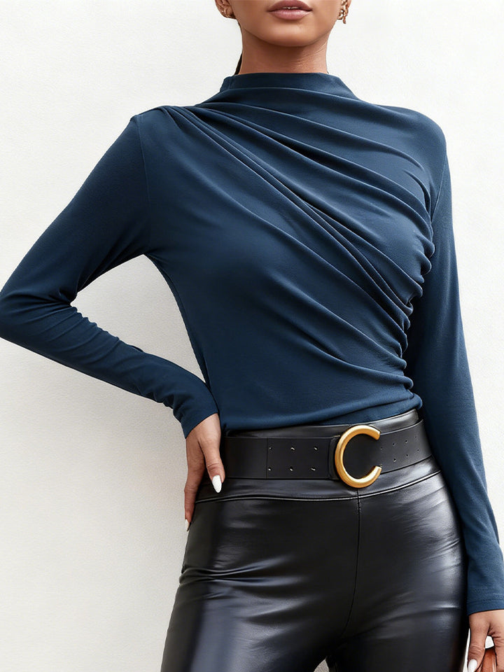 Dames elegant langærmet skjorte med luksuriøs drapering design og stilfuld ståkrave Skovae