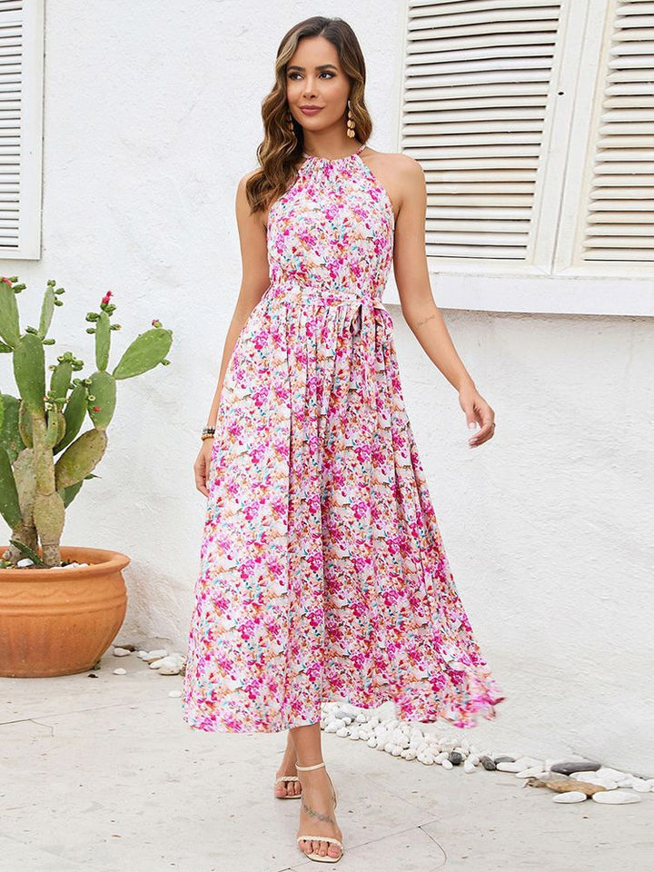 Dame Floral Halter Maxikjole med justerbart taljebånd Stilla