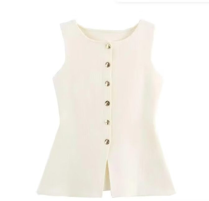 Femme Ribbet Strik Knap-Op Tank Top Stilla