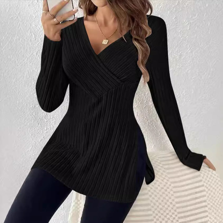 Dame Elegant Strikpullover med Vikledesign Stilla