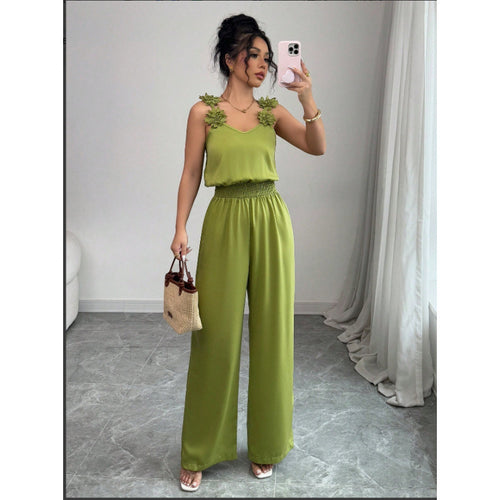 Dame jumpsuit med blomstrede flæser og brede ben Skovae