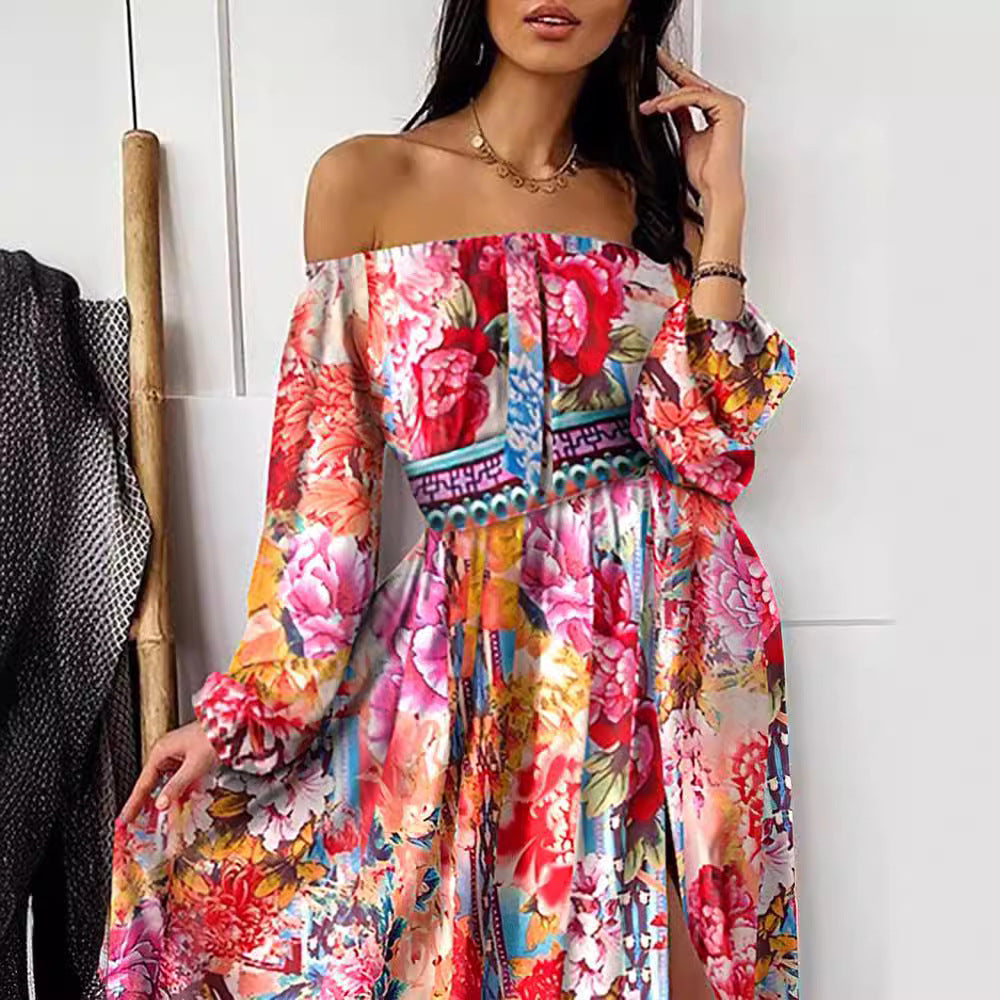 Dame Maxi-kjole med off-shoulder design og farverigt blomster mønster Stilla