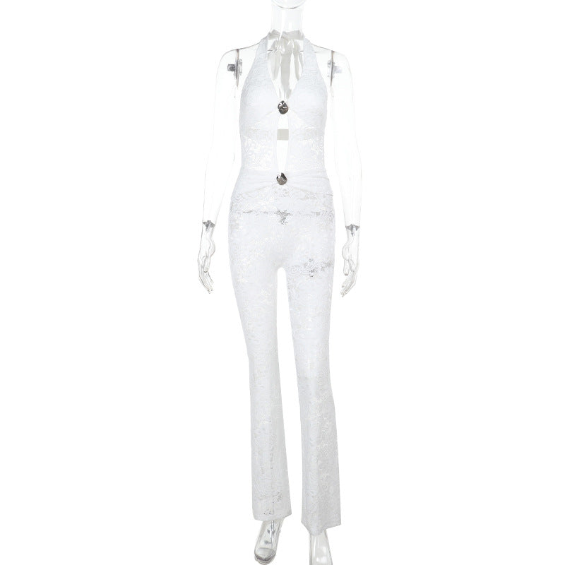 Dame jumpsuit med elegant spidsedetalje og dyb V-hals Skovae