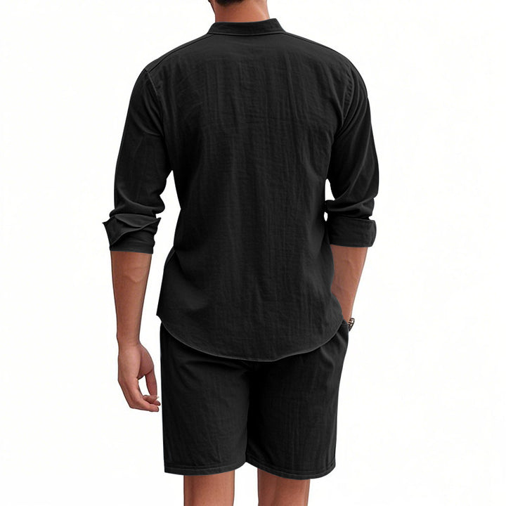 Herrernes Casual Skjorte og Shorts Sæt med åndbar Linnedstruktur Stilla