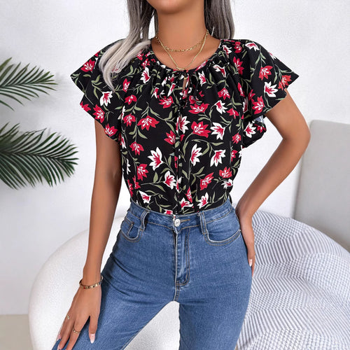Damebluse med blomsterprint og elastiske ærmer Stilla
