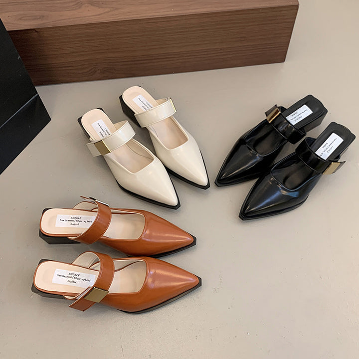 Dame Stiletto Tå Slingback Mules med Dekorativ Rem Stilla