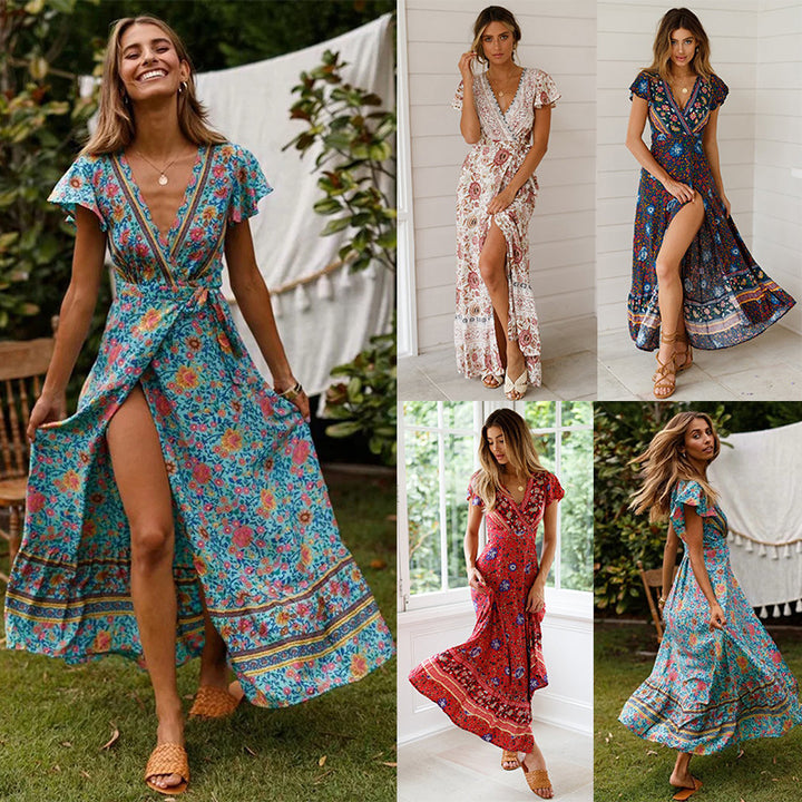 Dame Bohemian Floral Viskestykke Maxi Kjole med Rynket Ærme Stilla