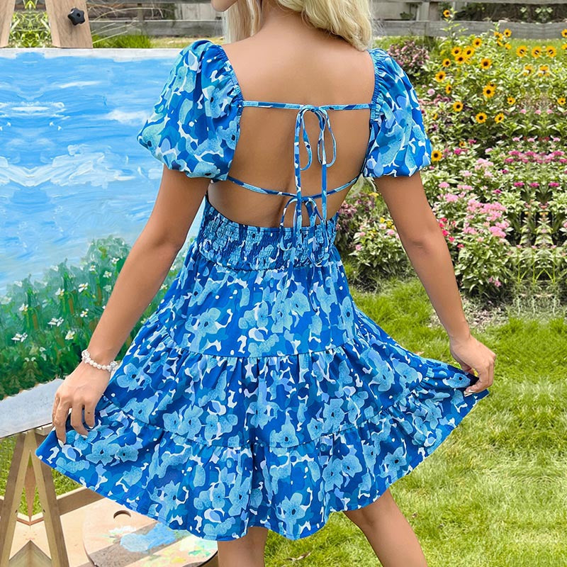 Dame Floral Print Lagdelt Mini Kjole med Puffærmer Stilla