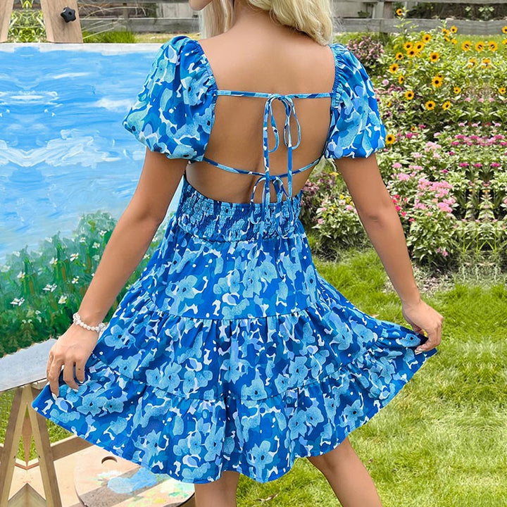 Dame Floral Print Lagdelt Mini Kjole med Puffærmer Stilla