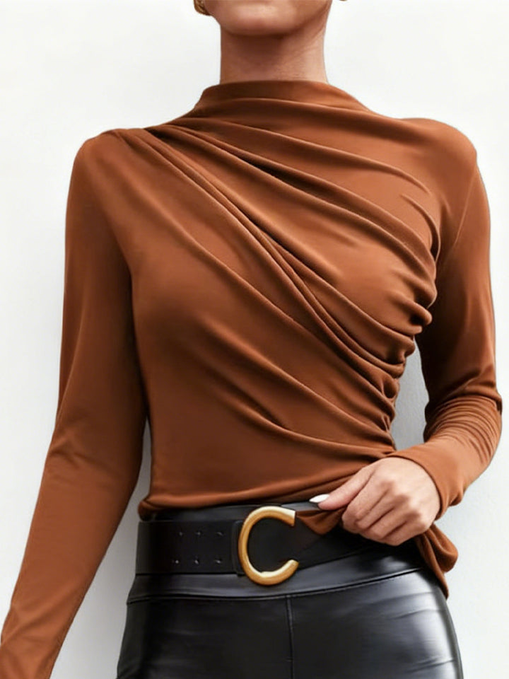 Dames elegant langærmet skjorte med luksuriøs drapering design og stilfuld ståkrave Skovae