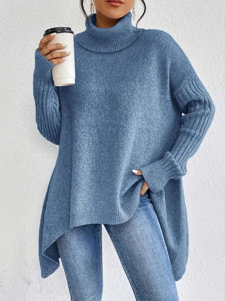 Stilla | Rullekravepullover Overstørrelse Fit Uldstrik Asymmetrisk Kant Ribbet Ærmer