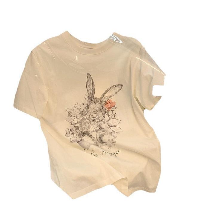 Dame T-shirt med detaljeret kaninmotiv og blomsterdesign Stilla