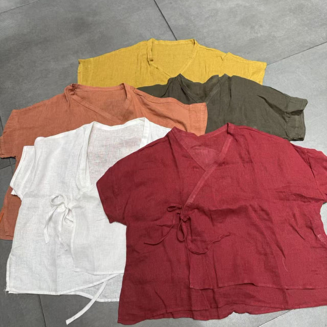Dame Alsidig Løs Linned Slips-Front Bluse Stilla